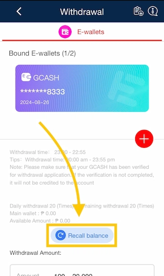 ☢Step 1: Click "Recall Balance" to transfer all your winnings to your main wallet.